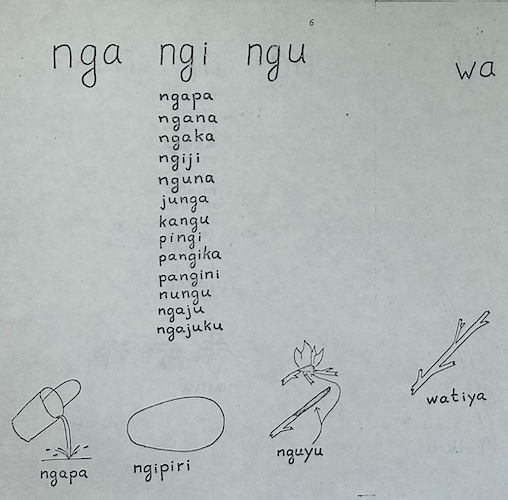 Pages 6 and 7 of “A Warlpiri Syllabary” by Ken Hale, 1974. The pages feature vocabulary and accompanying images of objects in the Warlpiri language.