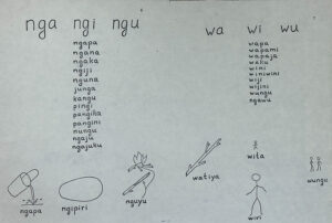 A page of notes with lists of words from an indigenous language; underneath them are line drawings illustrating words.